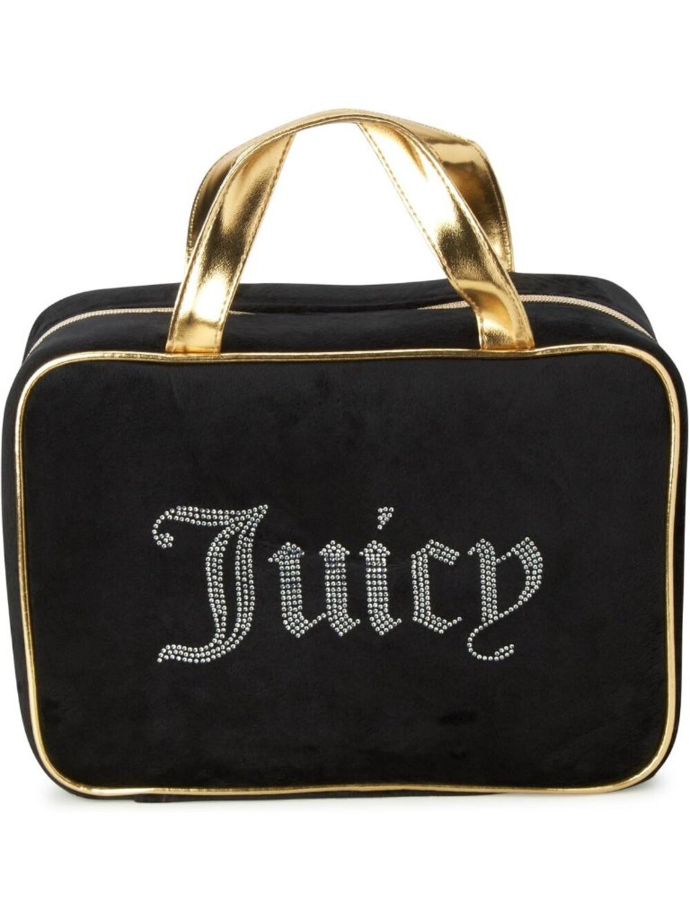 Chic Black Velour Makeup Bag with Rhinestone Gold Trim | Stylish Weekender